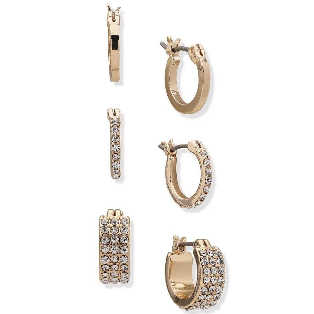 DKNY 3 Sets of Hoop Earrings Gold Tone- 2 Pair Pave Hoop Earrings-NWT